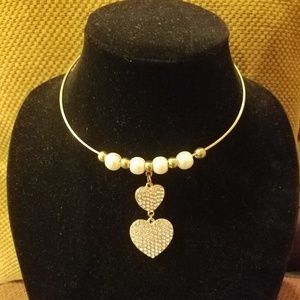 Gold & Pearl Necklace with Cubic Zirconia Hearts